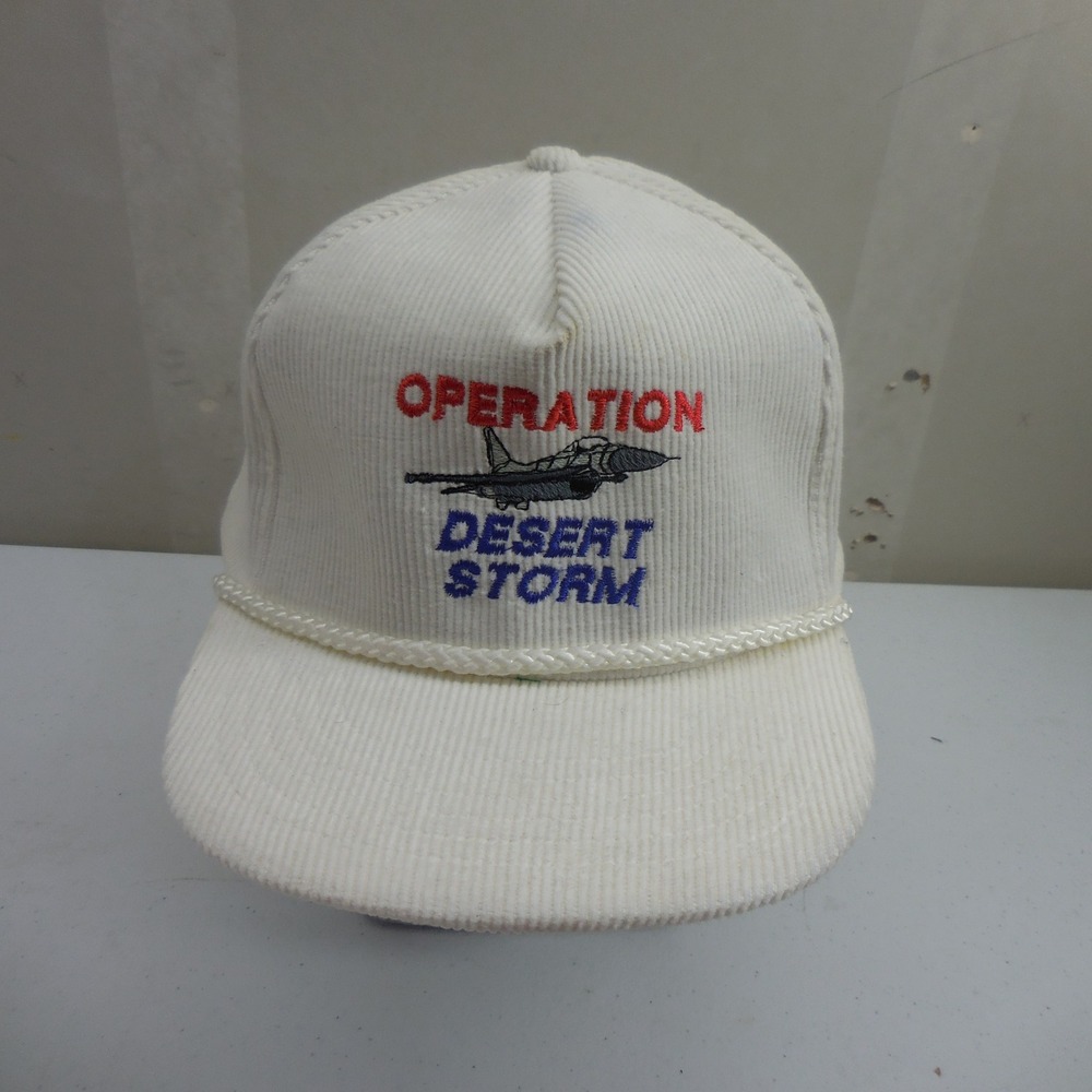 Vintage Operation Desert Storm Corduroy Snapback Hat White Fighter Jet Rope Cap